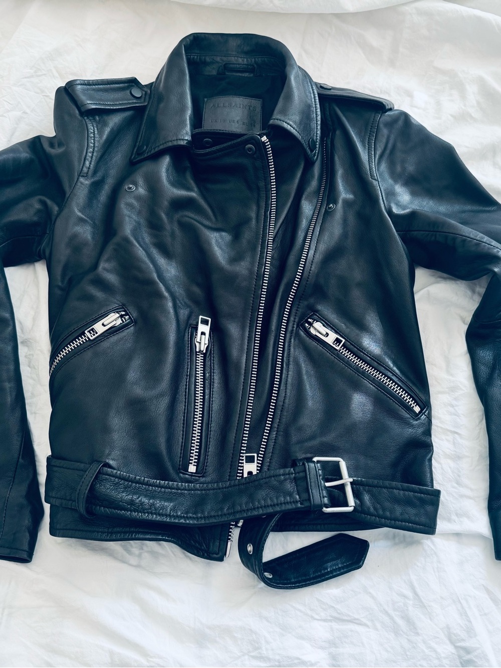 AllSaints Black Leather Biker Jacket with Belted Waist